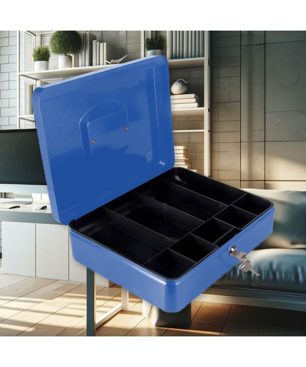 Cassetta Portavalori di Sicurezza in Acciaio con 2 Chiavi, Cassette dei contanti Vassoio Portamonete Integrato Dimensioni 30x24x9 cm, Colore Blu