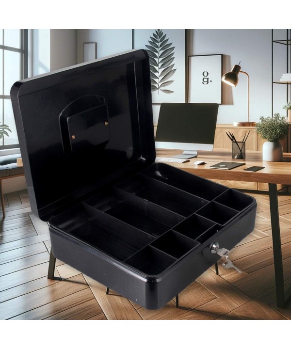Cassetta Portavalori di Sicurezza in Acciaio con 2 Chiavi, Cassette dei contanti Vassoio Portamonete Integrato Dimensioni 30x24x9 cm, Colore Nero