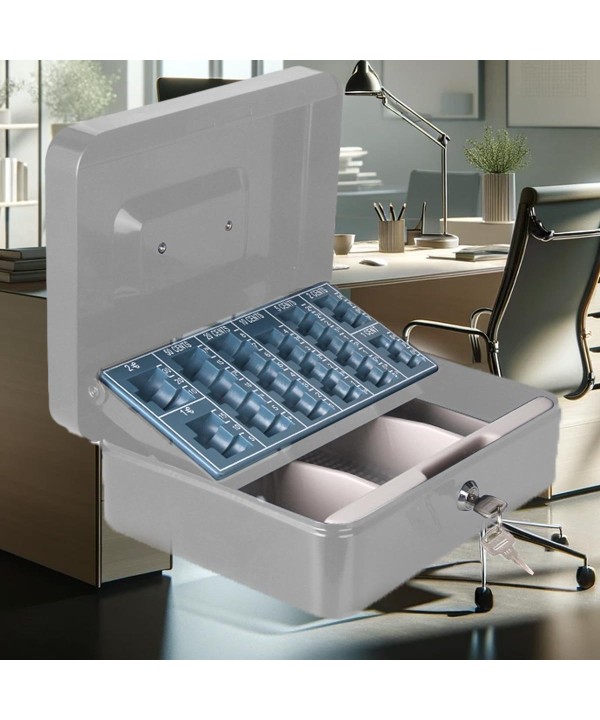 Cassetta Portavalori di Sicurezza in Acciaio con 2 Chiavi, Cassette dei contanti Vassoio Portamonete Integrato Dimensioni 25x18x9 cm, Colore Grigio