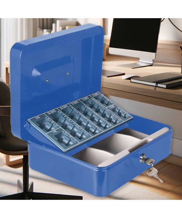 Cassetta Portavalori di Sicurezza in Acciaio con 2 Chiavi, Cassette dei contanti Vassoio Portamonete Integrato Dimensioni 25x18x9 cm, Colore Blu