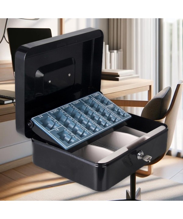 Cassetta Portavalori di Sicurezza in Acciaio con 2 Chiavi, Cassette dei contanti Vassoio Portamonete Integrato Dimensioni 25x18x9cm, Colore Nero