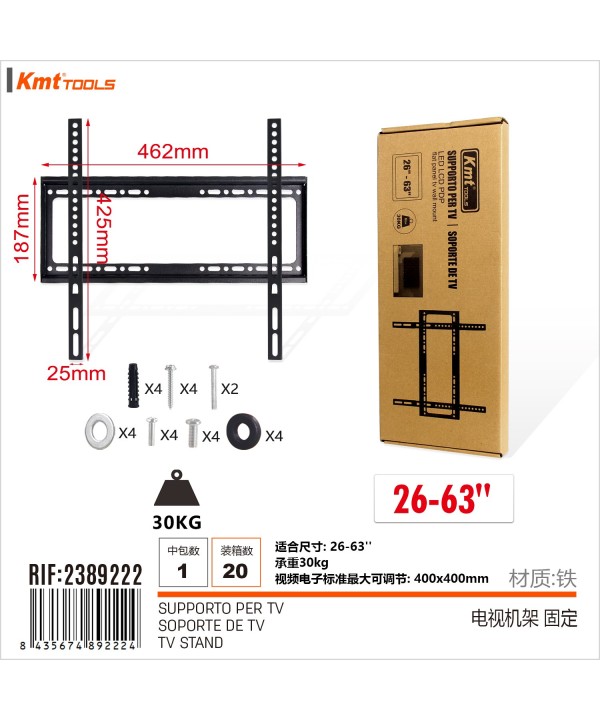 Supporto TV/Monitor da Parete Adatto per Misura 26 a 63 pollici Regolabile Max 400x400mm Max 30Kg