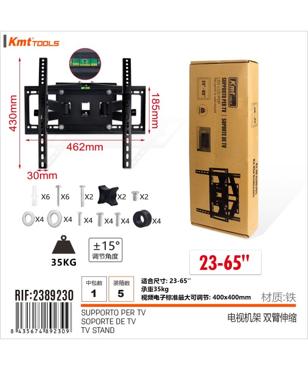 Supporto TV/Monitor da Parete Adatto per Misura 23 a 65 pollici Regolabile Max 400x400mm Max 35Kg