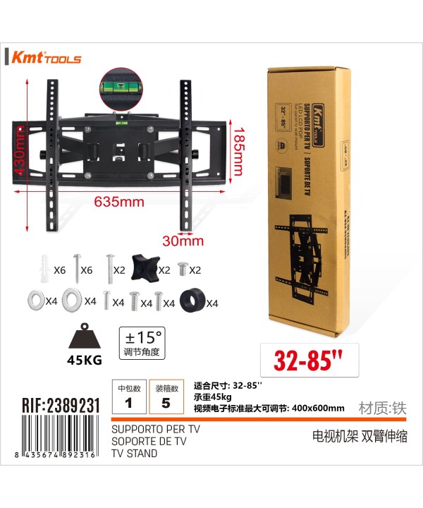Supporto TV/Monitor da Parete Adatto per Misura 32 a 85 pollici Regolabile Max 400x600mm Max 45Kg
