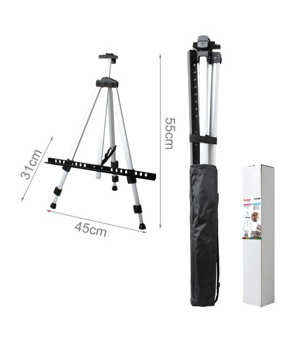 Cavalletto Pittura in Alluminio Argento Pieghevole Portatile Regolabile Treppiede per Dipingere Alto 55cm con Custodia