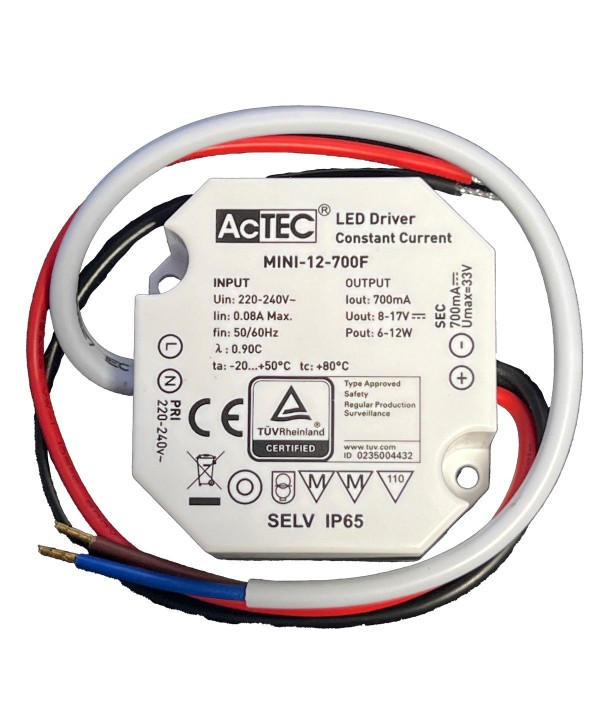 Mini Led Driver IP65 Corrente Costante 700mA 8V-17V 12W 50X48X24mm