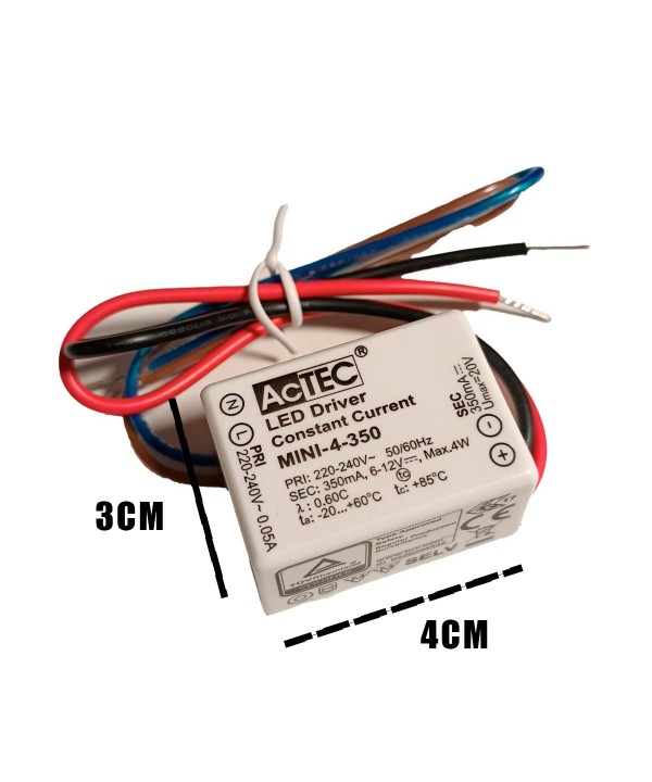 Mini Led Driver IP65 Corrente Costante 350mA 6V-12VDC 4W 48X38X21mm