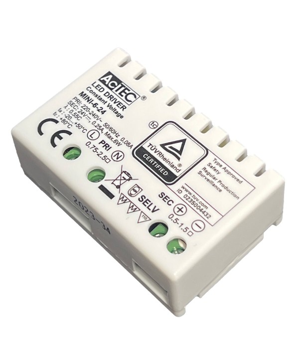 Mini Alimentatore Trasformatore 6W 24V 0,25A IP20 50X32X18,5mm Con Morsetti
