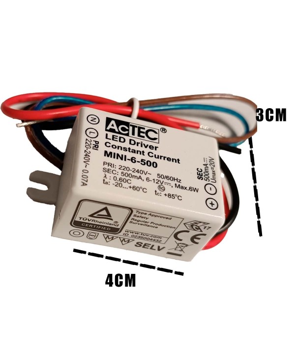 Mini Led Driver IP65 Corrente Costante 500mA 6V-12VDC 6W 48X38X21mm