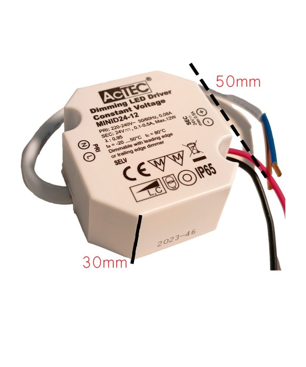 Mini Alimentatore Dimmerabile Triac Dimming Taglio di Fase IP65 Tensione Costante 24V 12W 0,5A 50X48X24 mm
