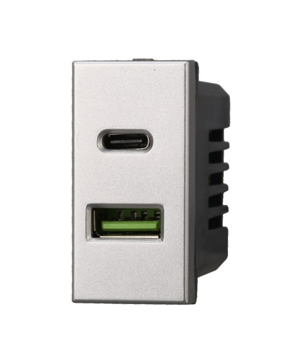 ETTROIT Modulo Presa Caricatore USB 2 Porte 3,1A USB-A + USB Type C Colore Grigio Compatibile Con Bticino Axolute