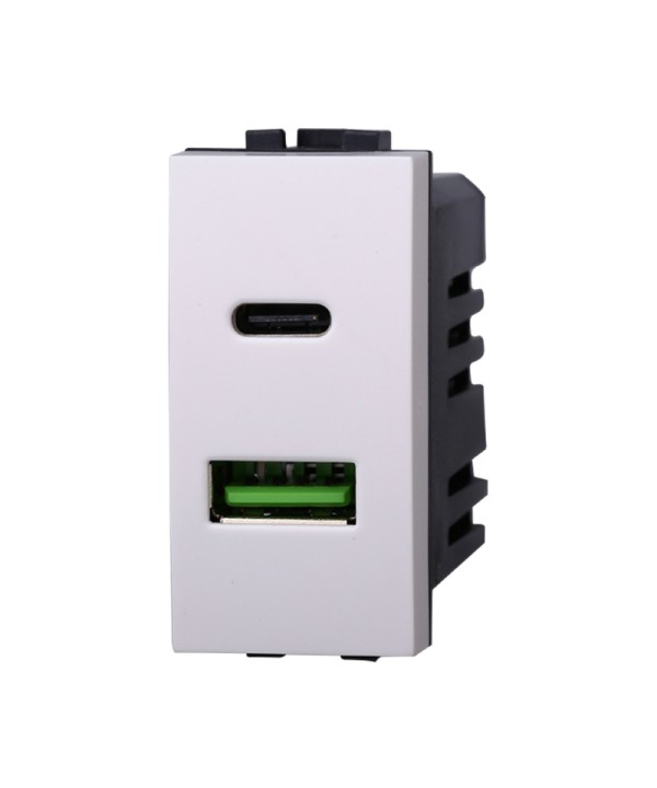 ETTROIT Modulo Presa Caricatore USB 2 Porte 3,1A USB-A + USB Type C Colore BIANCO Compatibile Con Bticino Living Light