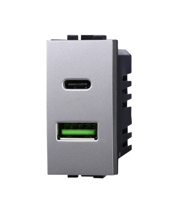 ETTROIT Modulo Presa Caricatore USB 2 Porte 3,1A USB-A + USB Type C Colore GRIGIO Compatibile Con Bticino Living International