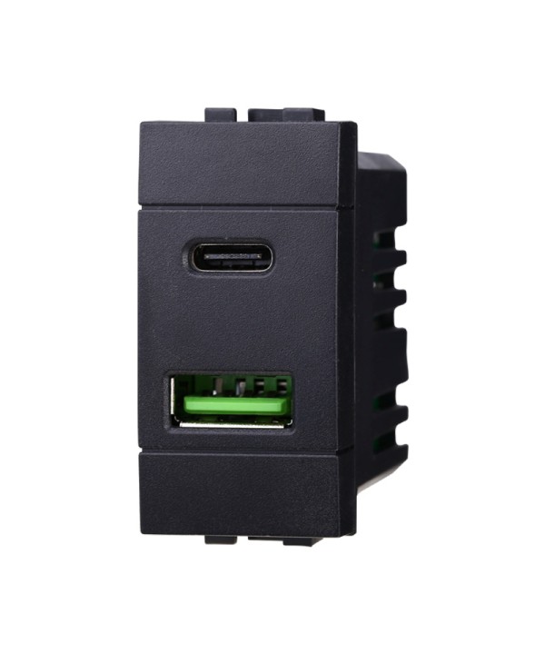 ETTROIT Modulo Presa Caricatore USB 2 Porte 3,1A USB-A + USB Type C Colore Nero Compatibile Con Bticino Living International