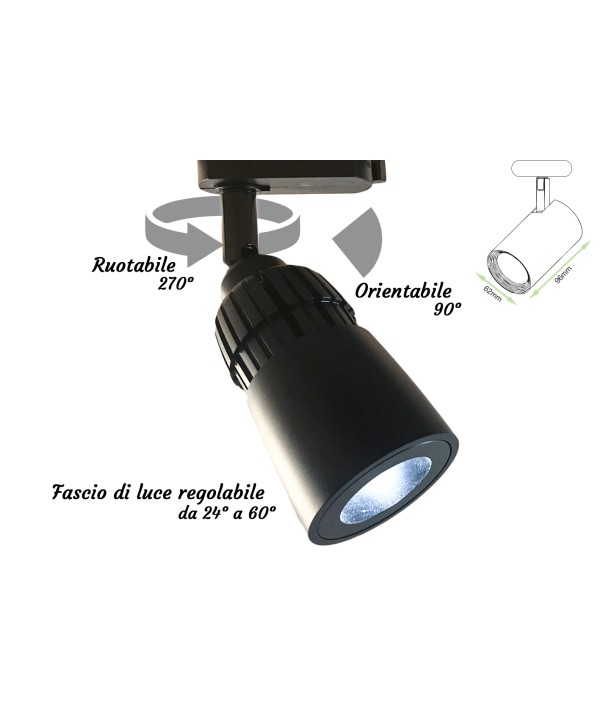 Faro Lampada Led A Binario 10W Bianco Neutro Angolo Luce Regolabile Da 24 a 60 Gradi Corpo Carcassa Nero