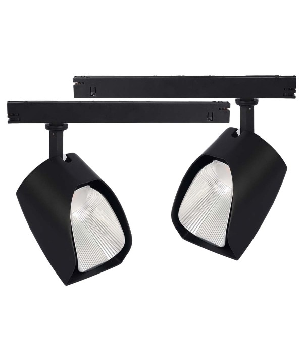 2 Kit Faro Led Da Binario Asimmetrico Trifase 30W 4000LM Carcassa Nera 3000K Con Alimentatore Scomparsa CRI 90 UGR 19