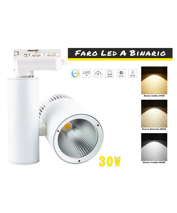 Faro Lampada Led A Binario 30W Mono Fase CCT CRI 90 Carcassa Bianca 2700K 4000K 6000K 3 In 1 Luce Stretta 24 Gradi