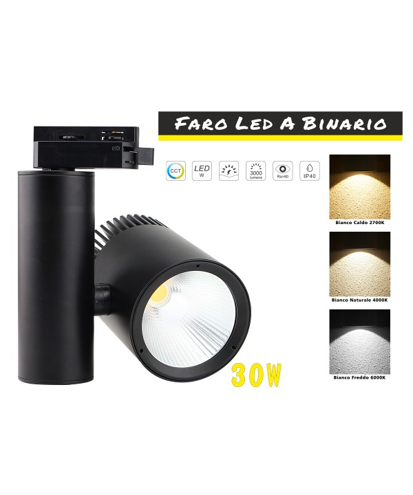 Faro Lampada Led A Binario 30W Mono Fase CCT CRI 90 Carcassa Nera 2700K 4000K 6000K 3 In 1 Luce Stretta 24 Gradi