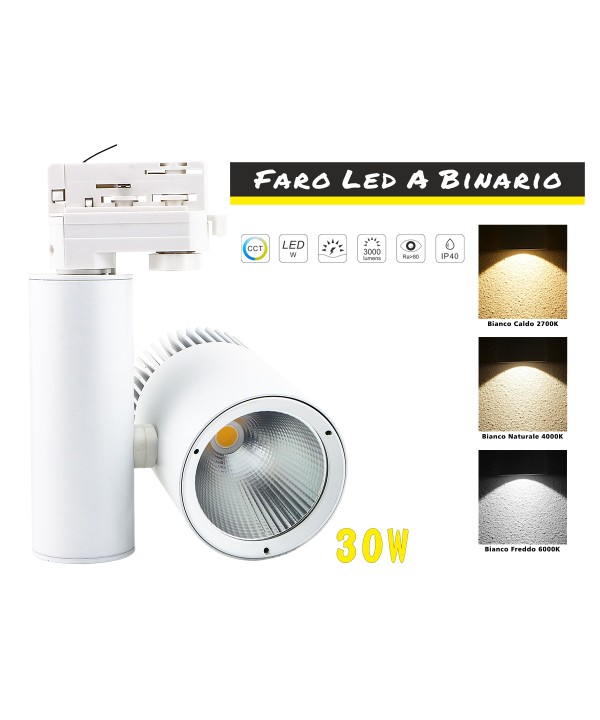Faro Lampada Led A Binario 30W Trifase CCT CRI 90 Carcassa Bianca 2700K 4000K 6000K 3 In 1 Luce Stretta 24 Gradi