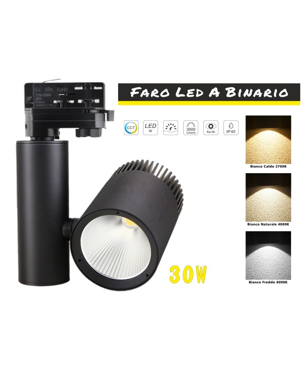 Faro Lampada Led A Binario 30W Trifase CCT CRI 90 Carcassa Nera 2700K 4000K 6000K 3 In 1 Luce Stretta 24 Gradi
