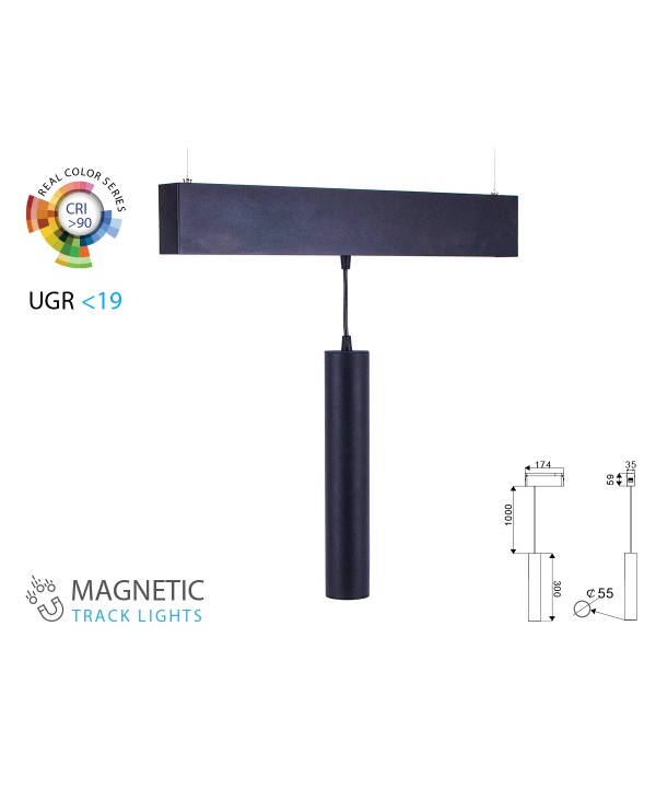 Faro Lampada Led a Sospensione 15W 24V Caldo 3000K CRI 90 UGR 19 Per Sistema Binario Magnetico SKU-7968