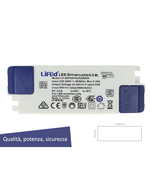 Led Driver CC 800mA 30V-40VDC 32W Alimentatore Corrente Costante Per Pannello Led Modulare