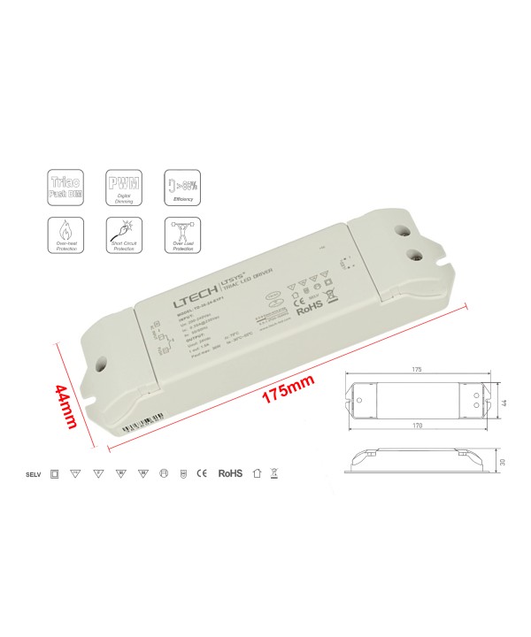 Alimentatore Dimmerabile CV 24V 36W Triac ELV Pulsante N.O. 3 In 1 Varialuce Su 220V