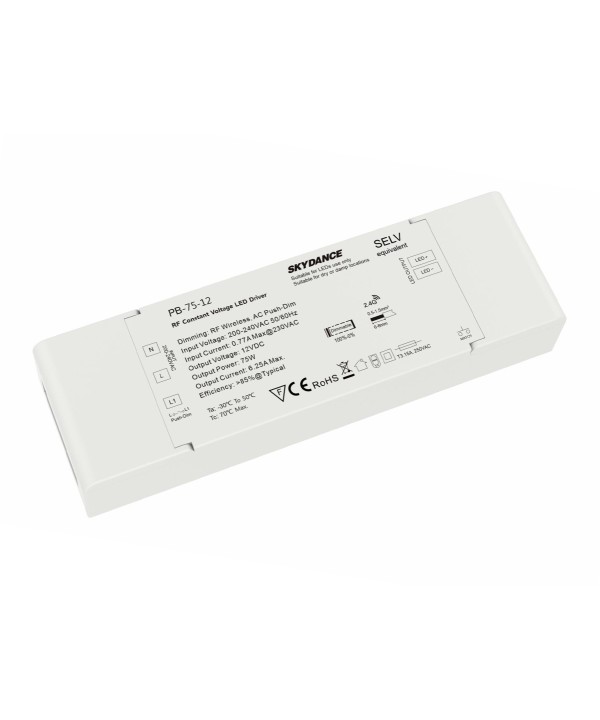Alimentatore Dimmerabile CV 12V 75W Con Pulsante N.O. e Telecomando RF 2.4G Per Striscia Led 12V PB-75-12