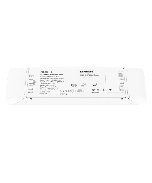 Alimentatore Dimmerabile CV 12V 150W Con Pulsante N.O. e Telecomando RF 2.4G Per Striscia Led 12V PH-150-12