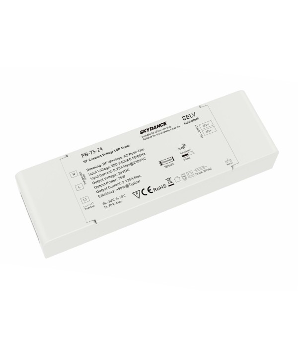 Alimentatore Dimmerabile CV 24V 75W Con Pulsante N.O. e Telecomando RF 2.4G Per Striscia Led 24V PB-75-24