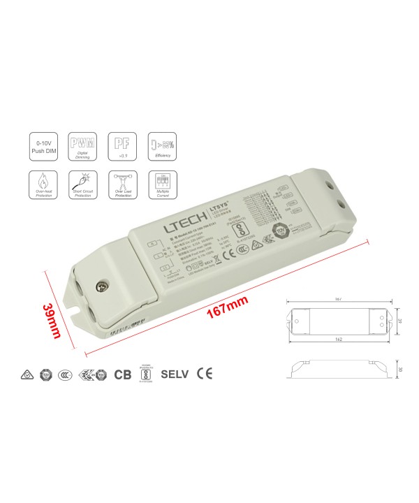 Led Driver CC Dimmerabile 0/1-10V Pulsante N.O. Push Dimmer 15W Regolabile 100/180/300/350/450/500/600/700mA