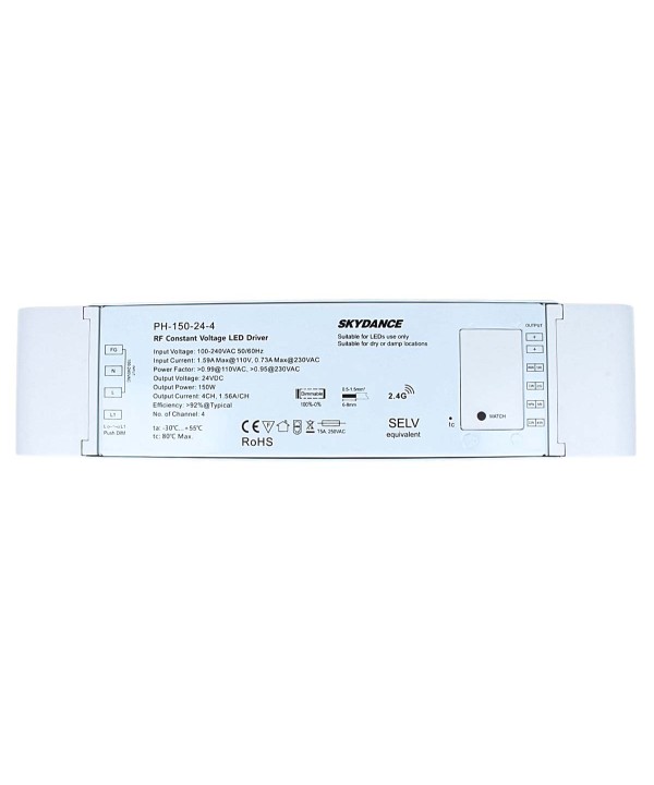 Alimentatore Dimmerabile CV 24V 150W 4 Canali Con Pulsante N.O. e Telecomando RF 2.4G Per Striscia Led PH-150-24-4