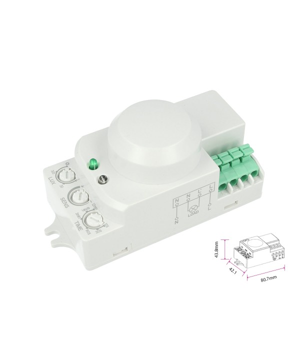 Sensore Micro Onde Microwave Sensor Montaggio a Plafone Da Parete Soffitto IP20 220V Max 200W Manual Override SKU-1446