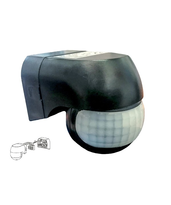 Sensore di Movimento a Infrarossi e Crepuscolare Montaggio a Parete Muro Carcassa Nera Testa Orientabile 180 Gradi IP44 SKU-5089