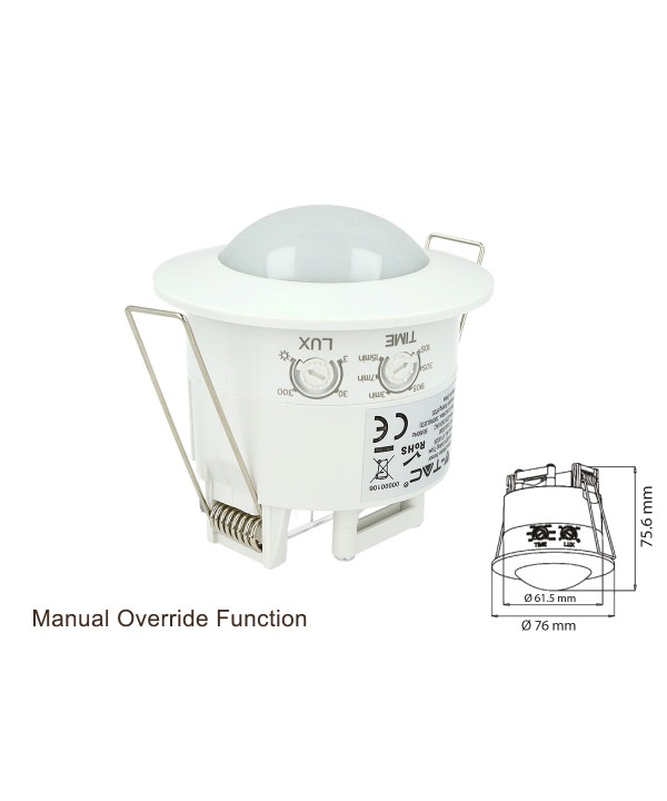 Sensore di Movimento a Infrarossi e Crepuscolare Montaggio Da Incasso Colore Bianco IP20 360 Gradi Manual Override SKU-1356