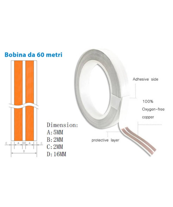 Cavo Filo Nastro Elettrico Super Slim Rotolo Piatto Con Biadesivo 2 Conduttori 0,25mmq 5mm Fino a 3A Senza Rompere Muri o Installare Canaline 60 Metri