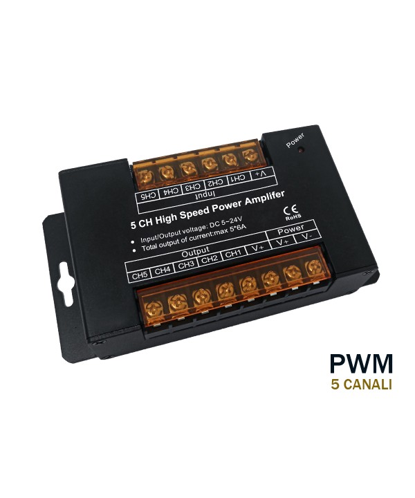 Amplificatore Segnale PWM 5 Canali Per Striscia Led RGBWW RGB+CCT 12V 24V 5X6A AP105