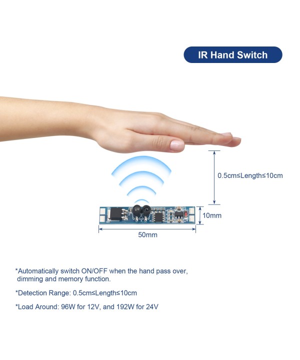 Sensore Movimento Mani 12V 24V 8A Con Funzione Dimmer e Memoria Per Profilo Alluminio