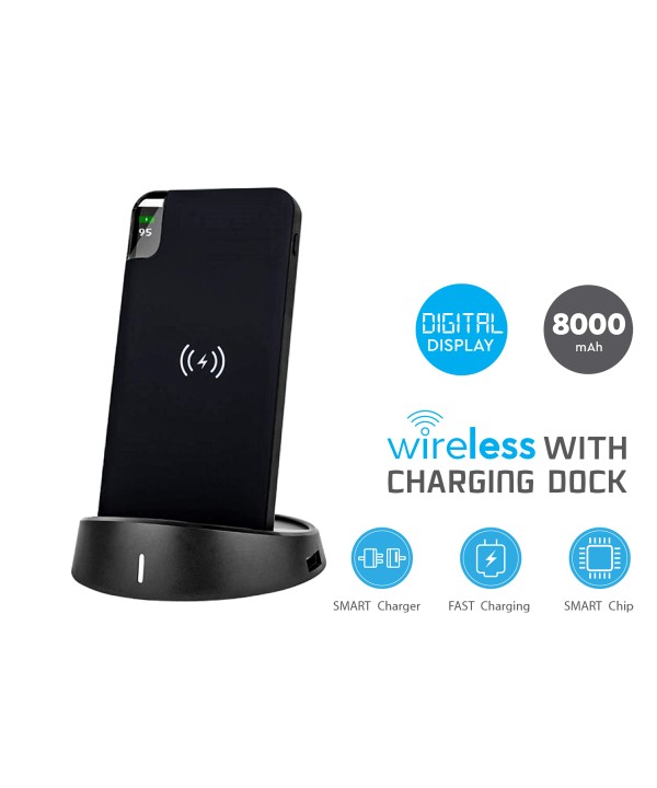 Portable Power Bank 8000 mAh con Display e Supporto Di Ricarica a Poggio Da Tavolo Wireless Colore Nero SKU-8863