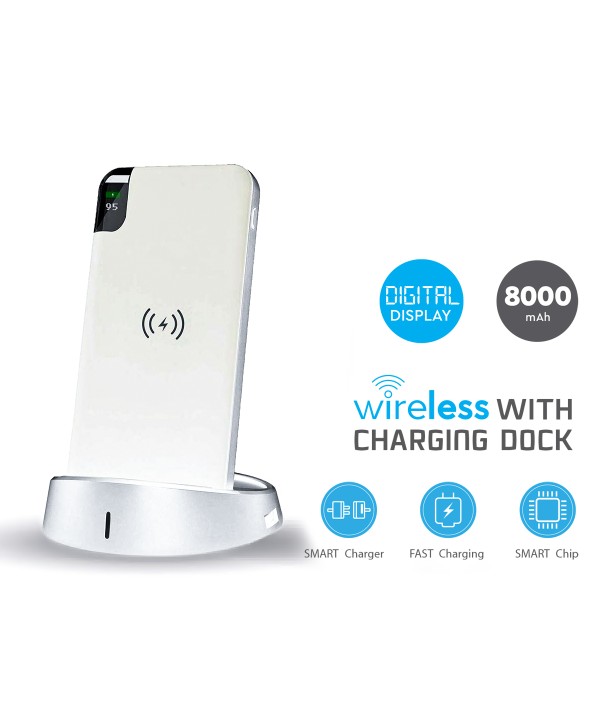 Portable Power Bank 8000 mAh con Display e Supporto Di Ricarica a Poggio Da Tavolo Wireless Colore Bianco SKU-8861