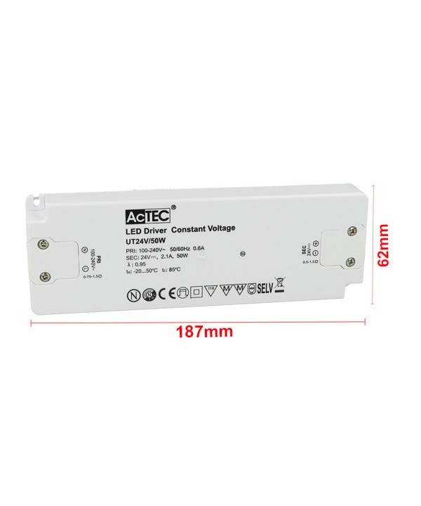 Alimentatore Trasformatore CV Slim 24V 50W 2,1A Voltaggio Costante 187x62x22mm