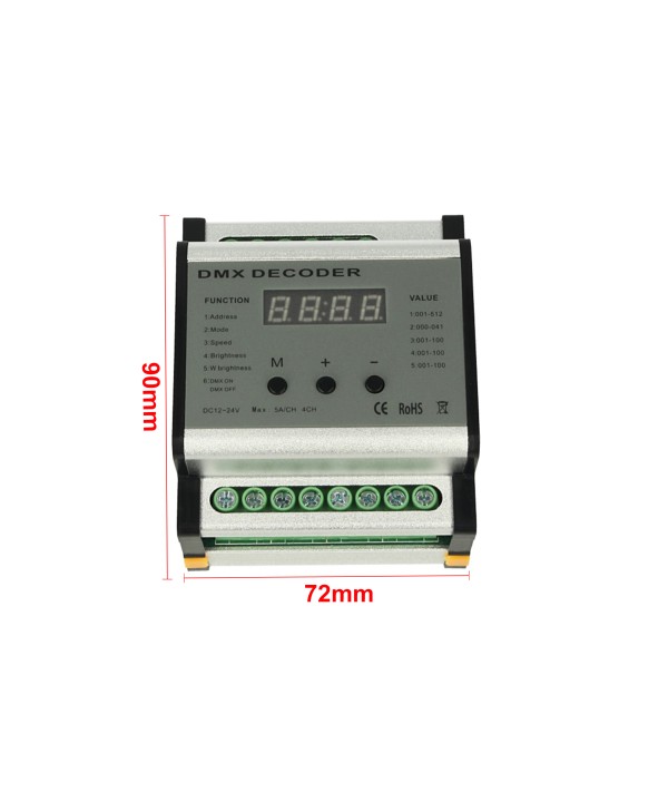Centralina DMX Decoder Con Rail Guida DIN 4 Canali 12V 24V 5AX4 DMX701