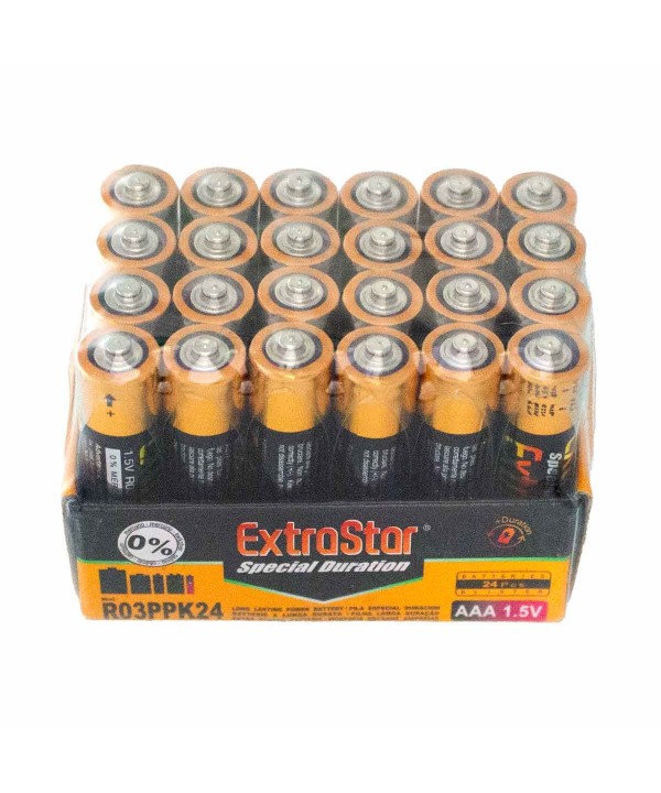 Pila Batteria R03 AAA Mini Stilo 1,5V 400mAh MN2400 Alcalina Extrastar Confezione da 24 Pezzi