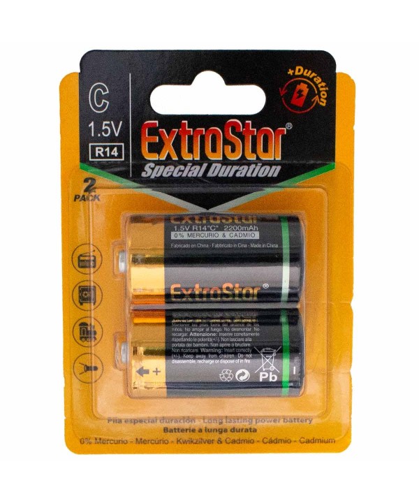 Pila Batteria R14 Torcia C MN1400 1,5V 2200mAh Alcalina Extrastar Confezione da 2 Pezzi
