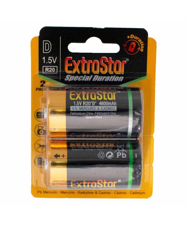 Pila Batteria R20 Torcia D MN1300 1,5V 4600mAh Alcalina Extrastar Confezione da 2 Pezzi