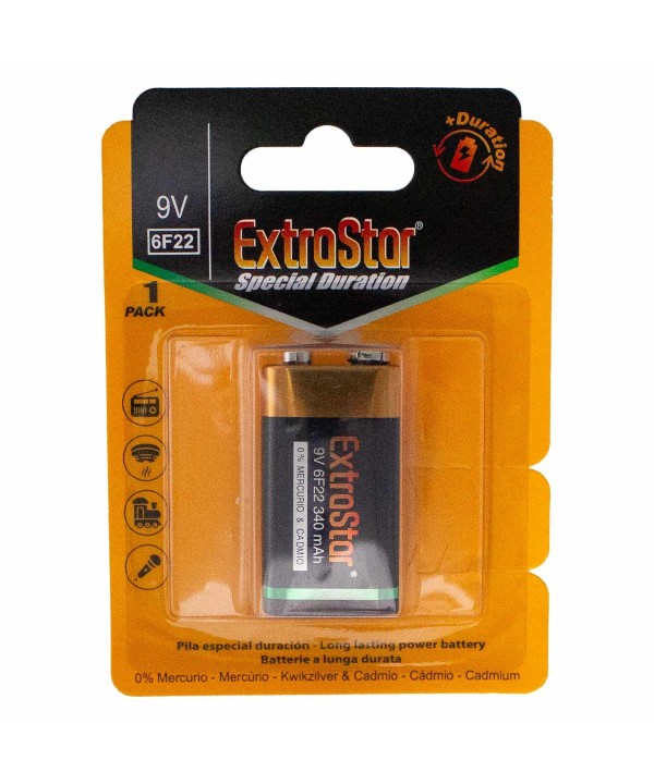 Pila Batteria 6F22 9V 340mAh MN1604 Super Alcalina Extrastar Confezione da 1 Pezzo