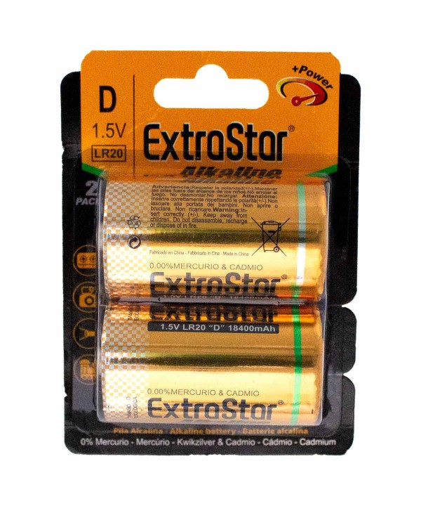Pila Batteria LR20 Torcia D MN1300 1,5V 18400mAh Alcalina Extrastar Confezione da 2 Pezzi