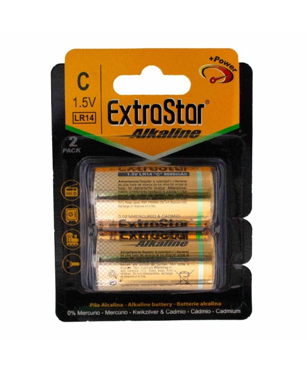 Pila Batteria LR14 Torcia C MN1400 1,5V 8000mAh Alcalina Extrastar Confezione da 2 Pezzi