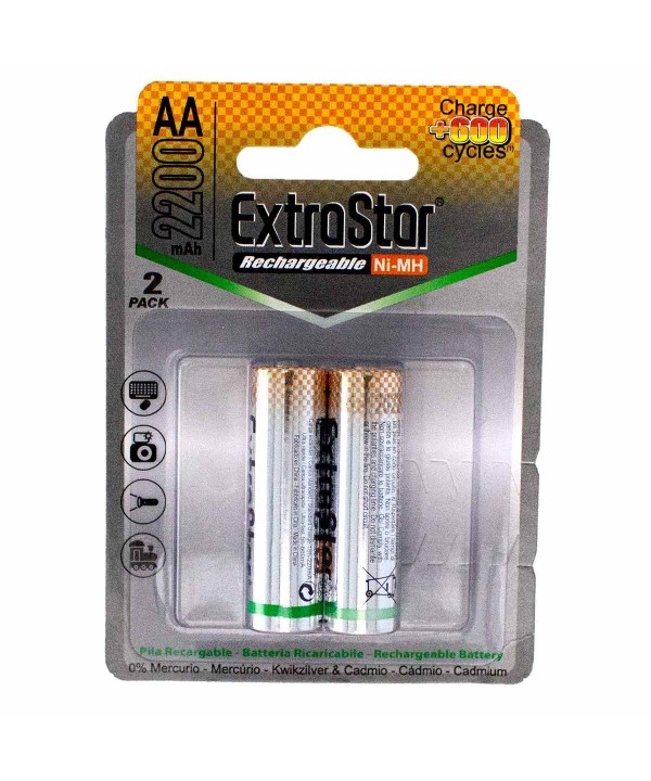 Pila Batteria AA Ricaricabile 1,5V 2200mAh Ni-MH MN1500 Extrastar Confezione da 2 Pezzi
