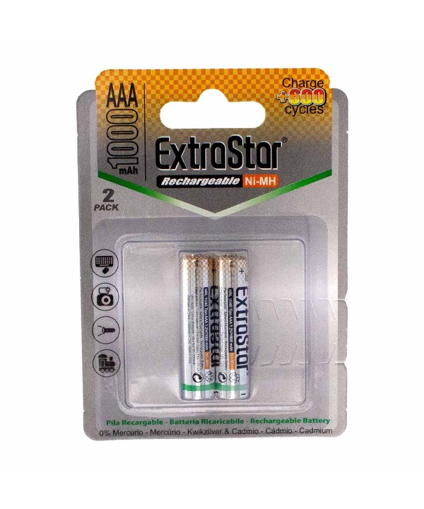 Pila Batteria AAA Ricaricabile 1,5V 1000mAh Ni-MH Extrastar Confezione da 2 Pezzi